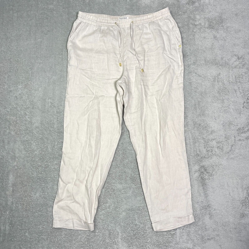 Ellen Tracy 100% Linen Pants L Drawstrings Khaki Cream‎ Beach Light Out